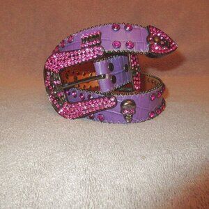 BB Simon Skull Belt Size 34 Swarovski Crystals Bling Leather Goth Rocker Biker
